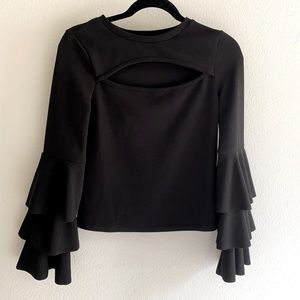 Sexy Black “Keyhole” Blouse with Layered Bell-Sleeves